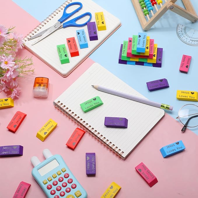 Yaomiao 180 Pcs Bulk Erasers for Kids Pencil Beveled Erasers Colorful Christian Motivational Gifts Bulk for Kids Students Classrooms, Drawing, Back to School (Bright,Jesus Loves You)
