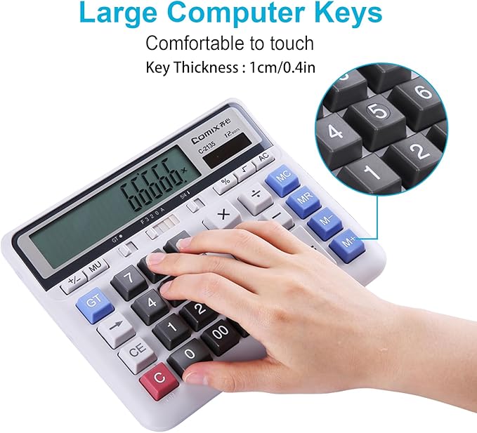 Comix Desktop Calculator Solar Battery Dual Power with 12-Digit Large LCD Display and Large Computer Keys Standard Function Calculator for Home Office School, White