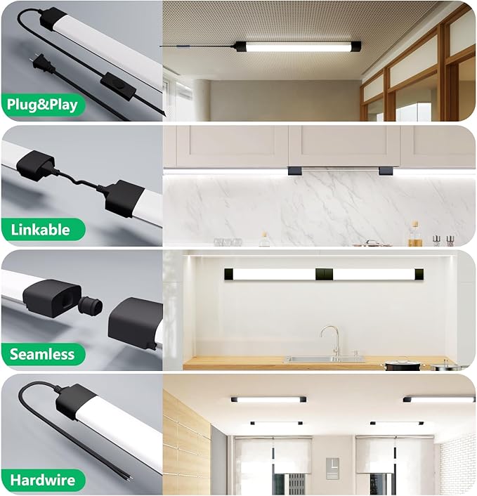 Modlicht Plug in Light 4FT 5000K Linkable LED Tube Shop Closet Under-Cabinet Utility Lights, IP66 Waterproof, Overhead Ceiling Workbench Light, LED Light Bar for Room Office Garage Shop Bathroom