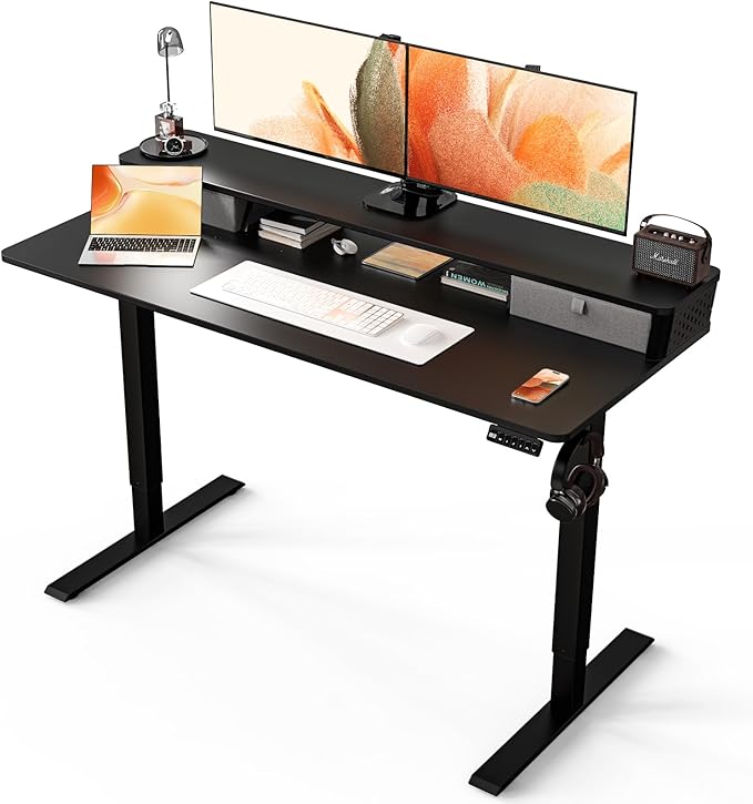 Kingant 55 x 24 Inch Electric Standing Desk with Dual Drawers, Height Adjustable Sit to Stand Computer Desk with Storage Shelf and C-Clamp Mount Compatibility for Home Office, Black