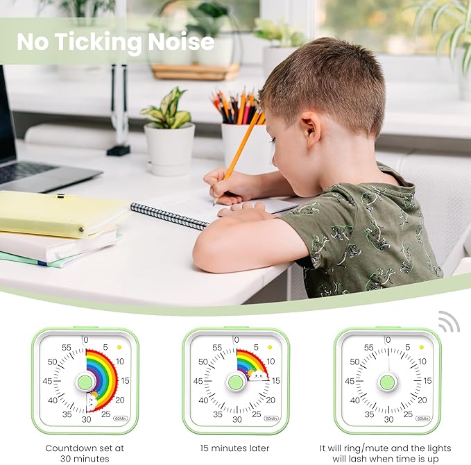 Visual Timer for Kids with Pause Function, Cute Silent Timer with Rainbow for Classroom, Teaching, Task, Kitchen, 60 Minute Countdown Time Management for ADHD (Rainbow Green)