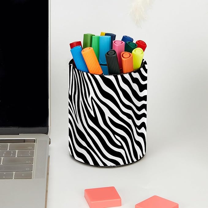 Leather Pen Holder for Desk Zebra Print Pencil Cup Desktop Organizer Makeup Brush Holders Office Supplies for Home, Kids & School