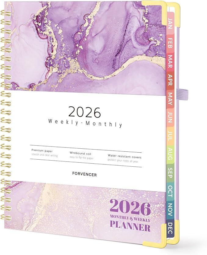 Forvencer 2026 Planner, Hardcover Calendar Planner Weekly and Monthly, Jan 2026 - Dec 2026, 6" x 8", Spiral Agenda Book with Tabs, Exquisite Daily Journal Organizer for Home School, Purple Marble