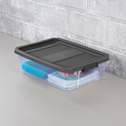 Sterilite 18-Pack Modular Stacker Box, Durable Clear Plastic Storage Bins with Latching Lids, 40 Quart - Stackable Organizing Container Boxes for Closet, Bathroom, and Office