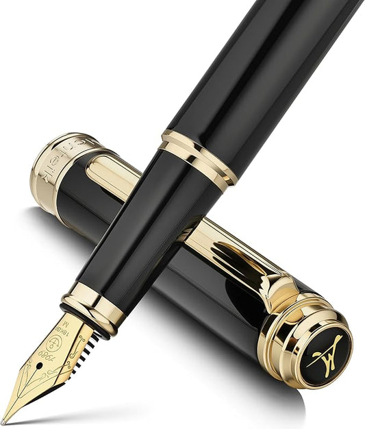 MCNTEIK 317 Fountain Pen,Stunning Luxury Piano Lacquer,18K Gilded Nib(Medium),Gorgeous 24K Gold Finish, Ink Converter,Trustworthy Gift for Men&Women-Elegant,Executive,Nice Pens for Writing, BK-M