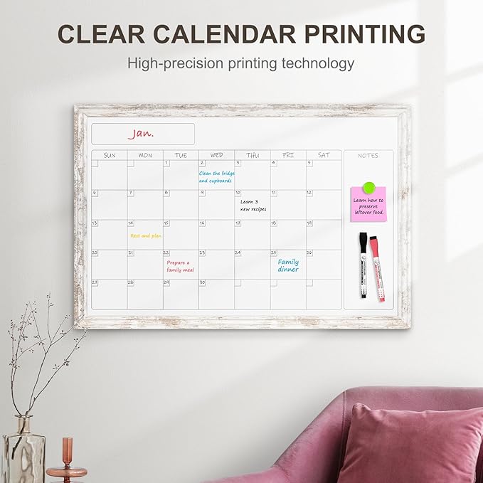 Monthly Dry Erase Calendar Whiteboard for Wall, 36" x 24" Magnetic White Board Calendar Board - Rustic Vintage Wooden Frame