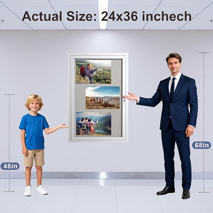 36×24 Inch Lockable Enclosed Bulletin Board, Weather-Resistant Outdoor Noticeboard with 2Locking Doors, Wall-Mounted Silver Aluminum Frame & Grey Felt Presentation Board