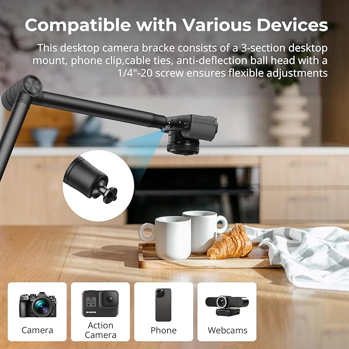 SMALLRIG Overhead 3-Section Desktop Camera Bracket, Damping Boom Arm Desk Mount with 360 Rotatable Ball Head, Tabletop C Clamp, Max Load to 4.4lbs / 2kg for Photography Videography Live Stream