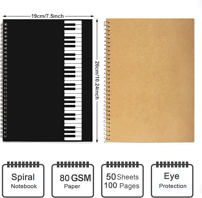 Music Notebook, Blank Sheet Note book, Cardboark Spiral NoteBook Manuscript Paper, Composition Staff Paper for Kids, Musician, Students, Piano-Keyboard-Music-Notebook 100 Pages 26x19cm