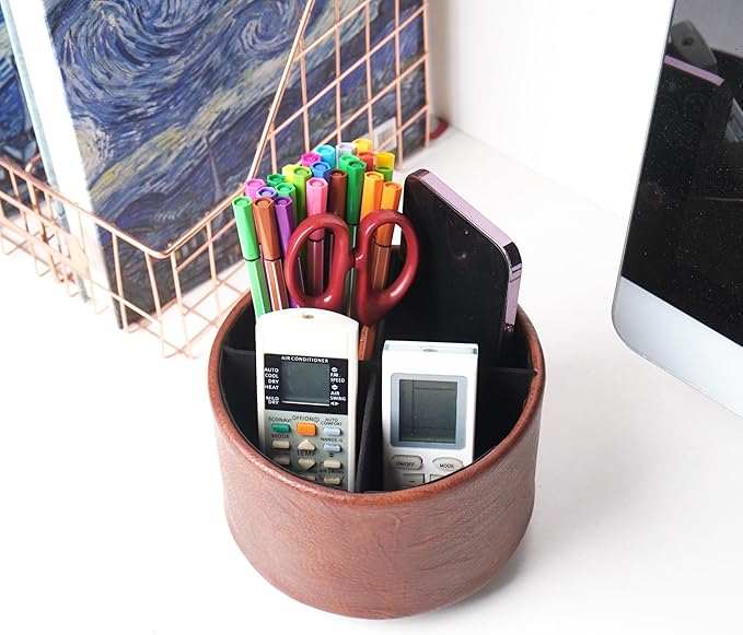 Hennaja Round Leather Art Supply Organizer,Remote Control Holder,360 Degree Spinning,Multi-Functional Pencil Holder,4 Compartments Desktop Stationary Organizer(1-Crazy Red)
