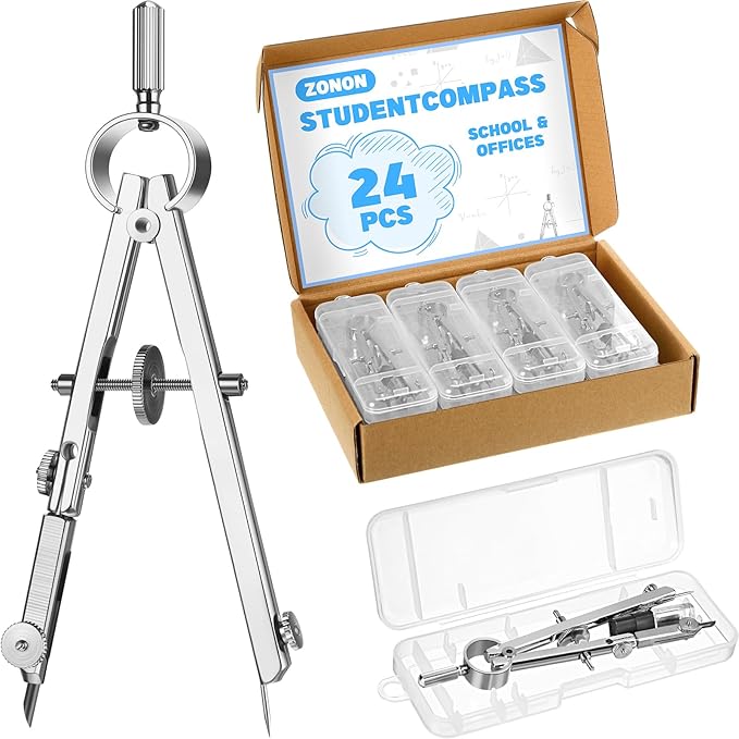 Zonon 24 Pcs Compass for Geometry Compass Bulk for Classroom Math Students Protractor for Art Compass Precision Tool with Pencil Back to School Supply for Office Art Drafting Drawing Wood Working