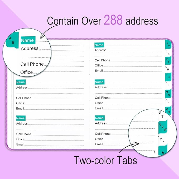 BLESWIN Address Book with Alphabetical Tabs, Hardcover Address Book for Record Contacts, Small Address Book to Store All Your Important Informations in One Place, 6.1x4.7" – Purple