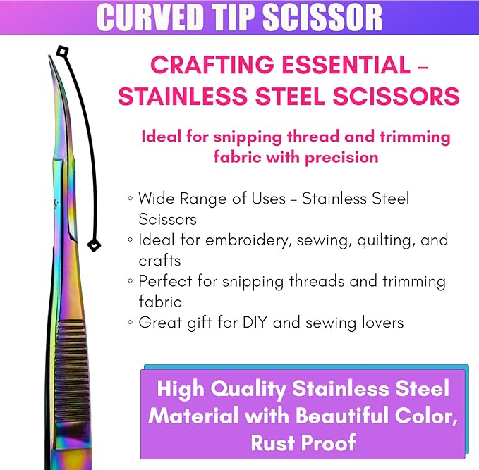 Cross Edge Curved Spring Scissors 5 Inch Stainless Steel Precision Eyebrow & Eyelash Shaping & Trimming Scissor, Snips Squeeze, Embroidery, Knitting Micro Tip Craft Scissors (Rainbow)