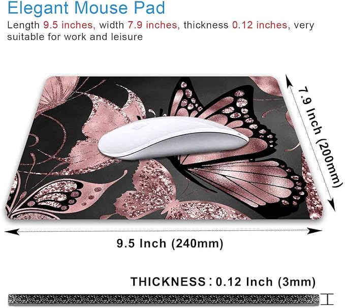 IMAYONDIA Mouse Pad, Rose Gold Butterfly Mouse Pad, Non-Slip Rubber Base Mousepad, Mouse Mat Desk Pad for Work, Game, Office, 9.5 x 7.9 Inch - Beautiful Modern Glitter Foil Design