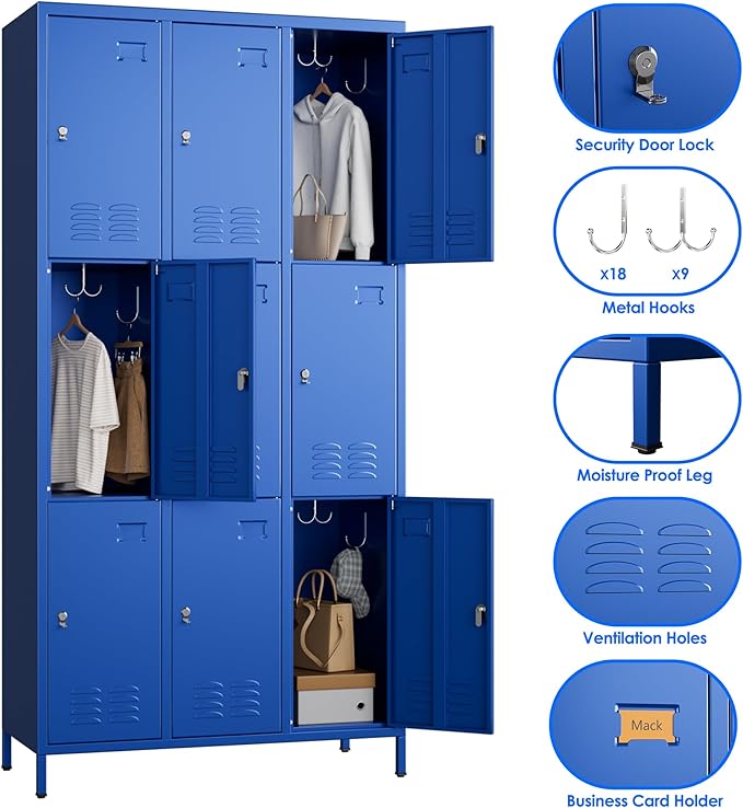 SUPEER 9 Doors Metal Locker for Employees with 27 Hooks and Business Card Holder,Metal Locker with Ventilation Holes for School Garage Office Gym Home,Assembly Required,Blue