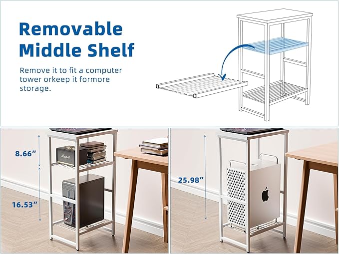 GEORIS 3 Tier Metal Printer Stand Shelf, White Side Table for Printer, Fax Marchine