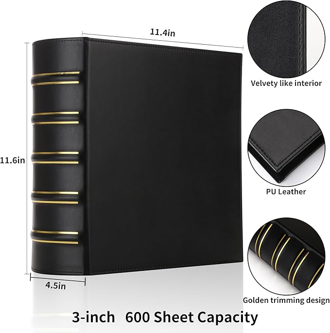 LETVPVOW Vintage Hardback 3 Ring Binder 3 Inch, Professional Leather Binder 3 Ring, D Ring Binders Fits 8.5 x 11, Three Ring Binders for Photo Album, Home, School and Office Supplies- Black