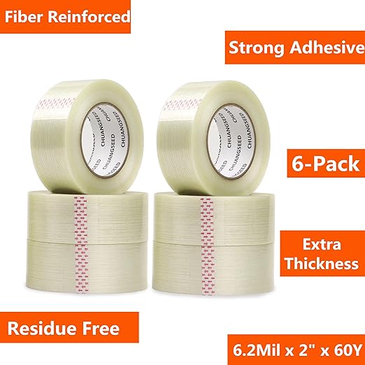 CHUANGSEED 6-Pack Mono Filament Strapping Tape 6.2mil x 2Inch x 60yds Commodity Grade Heavy Duty Transparent Reinforced Fiberglass Tape
