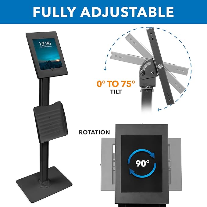 Mount-It! Anti-Theft Floor Stand Compatible with iPad, Contact-Less Kiosk with Universal Enclosure for iPads, Adjustable Locking Secure Tablet Mount for iPad Gen 7 to 10, Pro, Air, Black