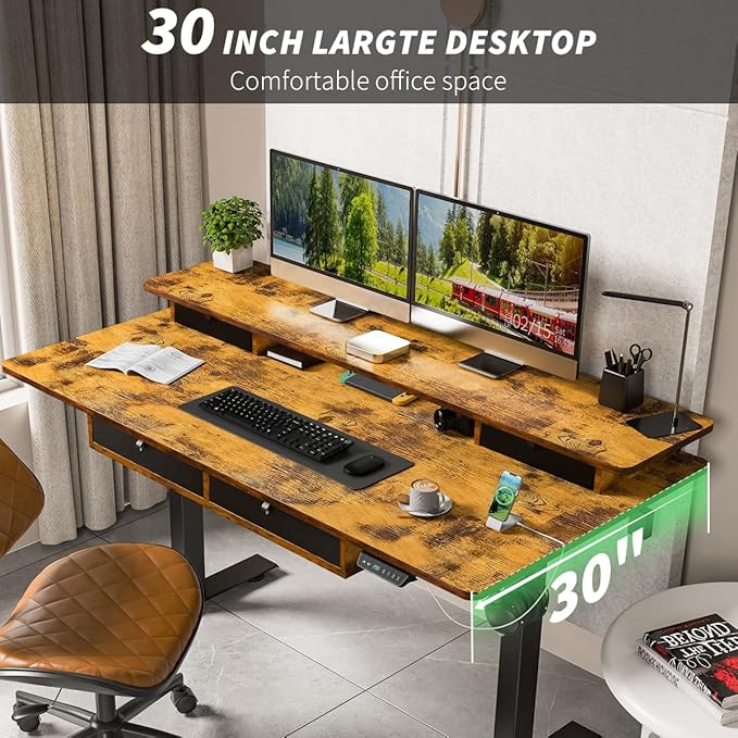 Kingant 55 x 30 Inch Electric Standing Desk with 4 Drawers, Adjustable Height Computer Desk for Home Office, Large Workstation Sit Stand Up Desk with Built-in USB A/C Charging Ports, Rustic Brown
