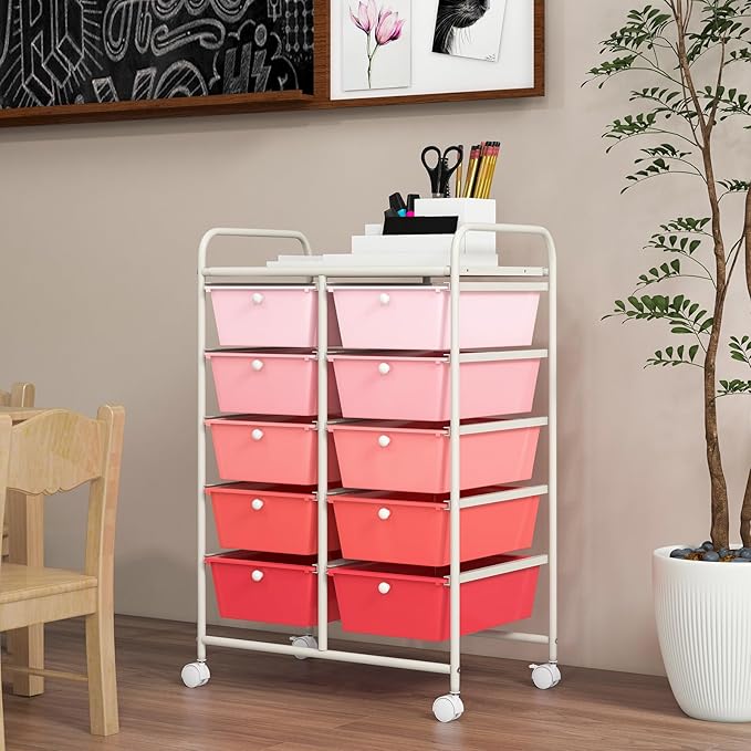 GOFLAME 10-Drawer Rolling Storage Cart, Art Craft Storage Organizer on Wheels, Multipurpose Movable Utility Cart for School, Office and Home, Pink