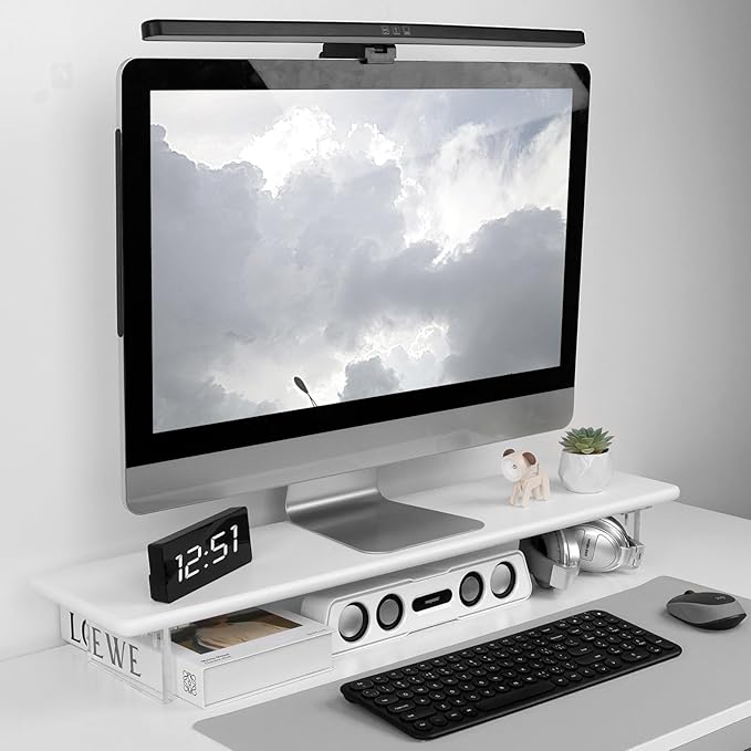 ROCDEER Bamboo Monitor Stand Riser with Acrylic Legs for Desk, 31.5 Inches Desktop Shelf Supports for PC Computer Monitor, Laptops, Printer, Speakers (White)
