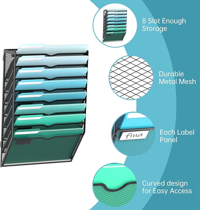 SUPEASY 8-Tier Wall File Organizer, Hanging Wall Files for Papers, Folders, Magazines, Wall Organizer for Clipboard, Assembly Needed, Black, 2 Pack