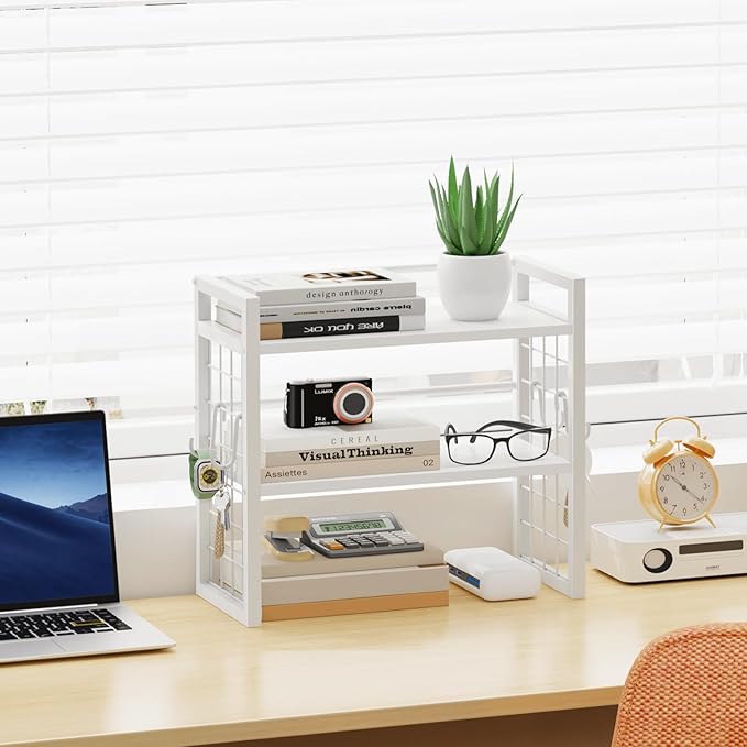 ELITEROO Desk Shelf Organizer, 2 Tier Wood Desktop Bookshelf Storage Rack, Freestanding Tabletop Organizer for Top of Desk, Office Supplies, Books & Decorations, White