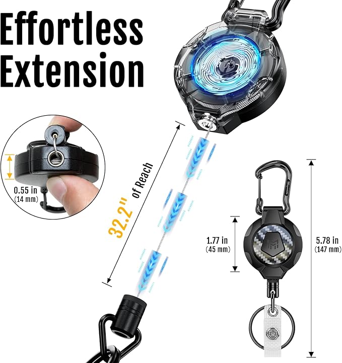 MNGARISTA 2-Pack Retractable Keychain, Heavy Duty 10 OZ Retraction 3K Carbon Fiber ID Badge Reel, Carabiner Badge Holder Hook Upgraded 31.5" Stainless Steel Cord Lanyard with Clip Strap and Key Ring