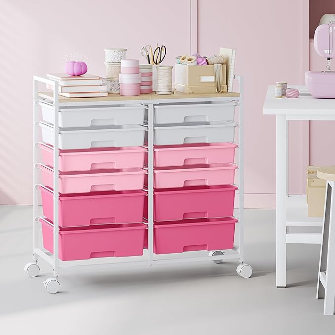 Rolling Storage Cart with 12 Drawers, Wooden Tabletop Utility Cart for Craft Storage, Art Supply Storage & Home Office Organization, Teacher Cart with Wheels for Classroom Organization, School