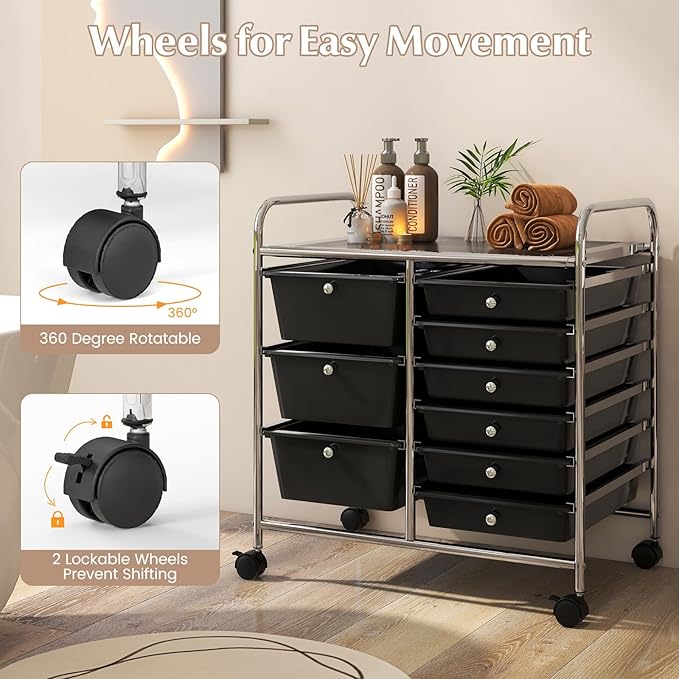 LDAILY 9 Drawer Rolling Storage Cart, Rolling Cart with Drawers for Classroom, Art Supply Craft Organizer on Wheel with Metal Frame & Handles for Home Office School