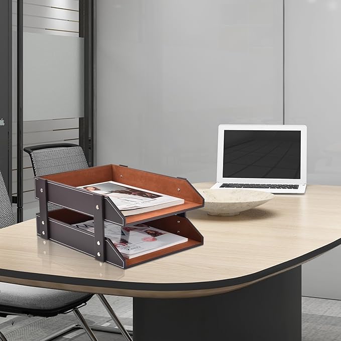 XNONE Leather Desk Organizer,2-Tier Stackable Letter Tray Holder,Office Supplies Desktop Storage Box for Document,Stationery,Magazines,Newspapers,Letters and Other Home Office Paper Sundries,Coffee