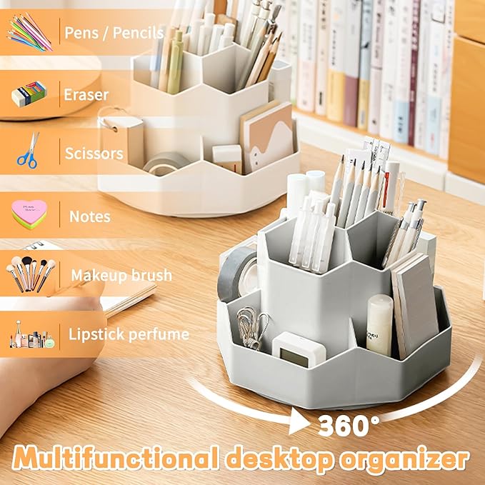 Cayxenful Pencil Pen Holder for Desk,9 Slots 360 Degree Rotating Desk Organizers,Desktop Storage Stationery Supplies Organizer, Cute Pencil Cup Pot For Office, School, Home(Grey)