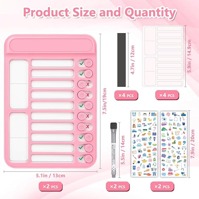 Audab 2Pcs Dry Erase Chore Chart for Kids, Magnetic Checklist Board, My Chores Slider Chart to Do List Board, Routine Reward Chart Schedule Board Task Tracker for Home Refrigerator, Wall, Desk (Pink)
