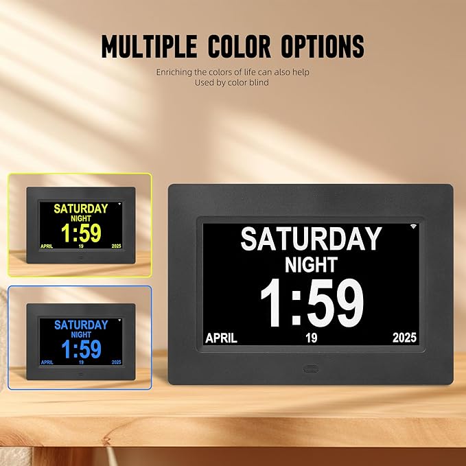 Memwake Digital Alarm Clock, Multiple Alarm Functions, Clock with Date and Day, Digital Alarm and Electronic Calendar for Seniors (White, 7 inch) (7-inch Black WiFi)