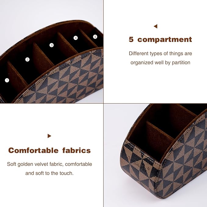 Remote Control Holders Organizer Box with 5 Compartment PU Leather Multi-functional Office Desk Storage Caddy Store Tv Remote for Media Player,Brush,Pencil,Glassees&Office Supplies (Triangle print)
