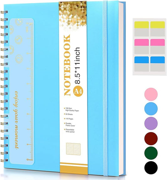 UEBZFOCS Spiral Notebook Journal 8.5” x 11”, Lined Notebooks for Women Men, A4 Large College Ruled Journal, 100 GSM Paper, Plastic Hardcover Spiral Bound Journals for Work School Business, Blue