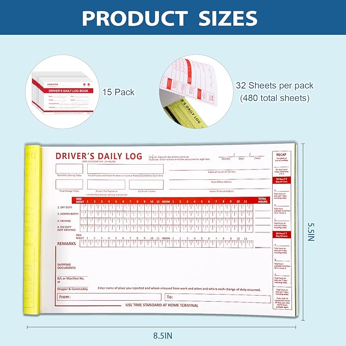 LINAUSTFB Daily Log Books for Truck Drivers with 7 and 8 Day Recap, 15 Pack, 32 Sets of Forms per Book, 8.5" x 5.5" with Detailed, 2-Ply Carbonless Driver Log Book
