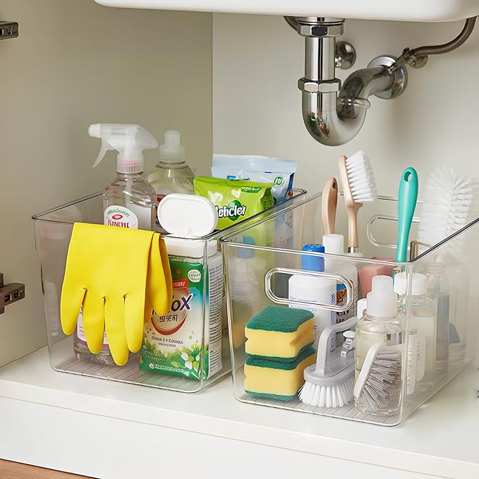 KJIXYUNG 4 Pack Clear Stackable Storage Bins with Lids, Large Plastic Pantry Organizers and Storage Containers for Kitchen Cabinet, Fridge, Closet, Bathroom - BPA-Free Home Organization Must Haves