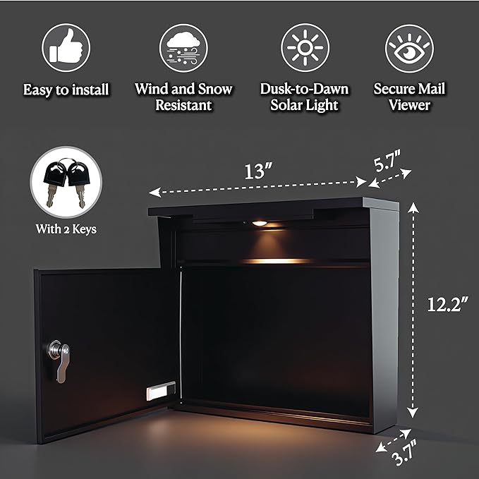 Solar Wall Mount Mailbox for Outside - Auto LED Light at Dusk, Large Locking Mail Box (13 x 3.7 x 12.2 Inches) with Key, Secure Metal Mailboxes for House Outside, Waterproof & Rust-Proof