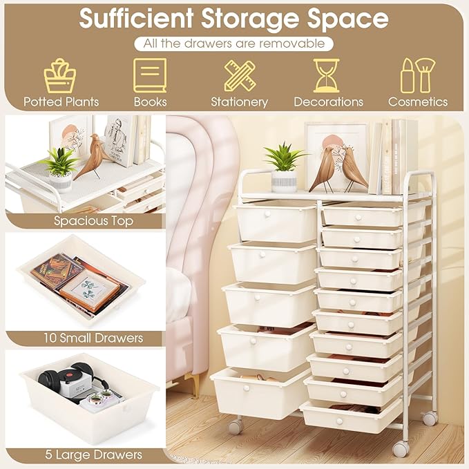 DORTALA 15-Drawer Rolling Storage Cart with Drawers, Rolling Utility Cart w/Removable Drawers & Universal Wheels, Tools Scrapbook Paper Organizer for School, Office, Home, Classroom (Ivory)