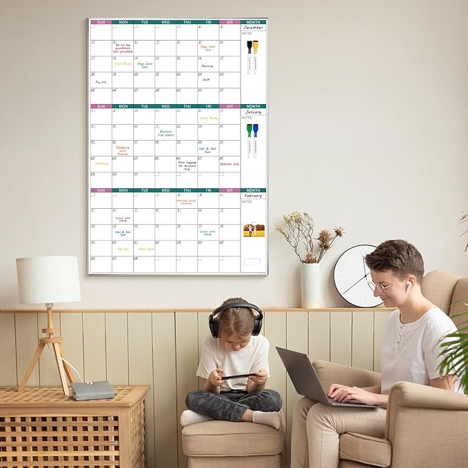 ARCOBIS 3-Month Dry Erase Calendar for Wall, 39"x28" Magnetic Whiteboard Calendar with Silver Aluminum Frame, Monthly Calendar Board for Office, Home, School
