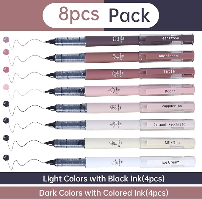 FUNFULL Aesthetic Cute Stick Rollerball Pens, 8pcs Quick Dry Colored Liquid Ink Pens, 0.5mm Fine Point Coffee Gel Pens with Soft Touch Smooth Writing for Journaling Planner School Supplies