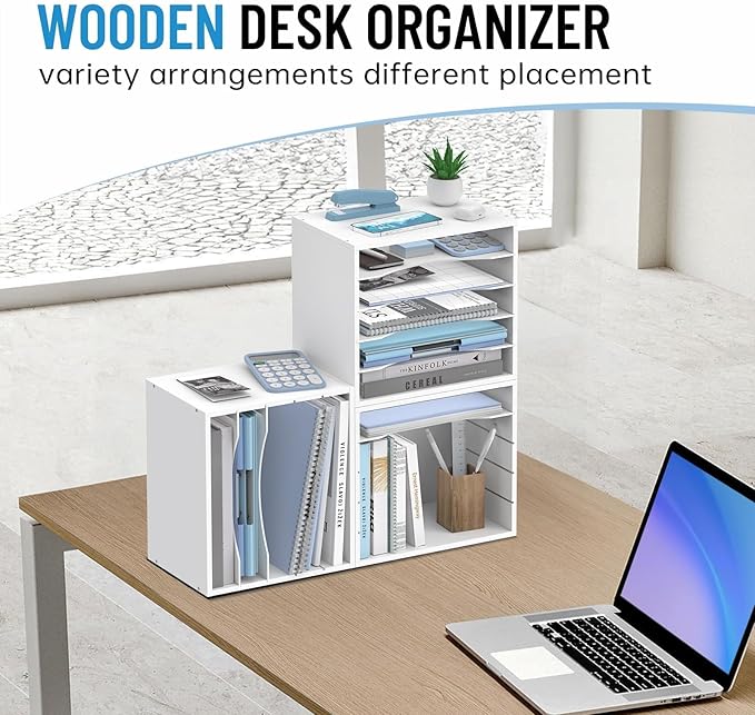 SHARKWOODS 5-Tier Wood Desk Organizer, Paper Tray Organizer for Desk with Adjustable Storage Shelves, Desktop File Organization Paper Sorter Mail Holder for Office Home Classroom, White