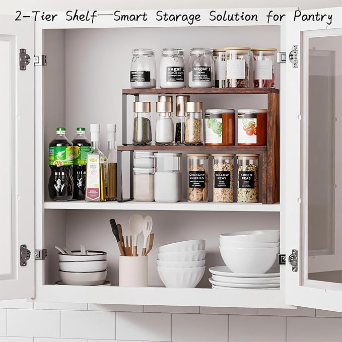 Vfelf Kitchen Countertop Organizer, Spice Rack Cabinet Organizer Shelf Stackable Counter Corner Shelves Organization and Storage for Pantry, Counter top, Coffee Station Wood Rustic Brown