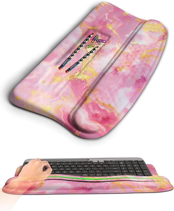 KUOSGM Ergonomic Wave Wrist Rest with Keyboard Stand, Cushioned Palm Rest, Comfortable Integrated Memory Foam for Natural Typing and Relieve Wrist Pain, Pink Gold Marble