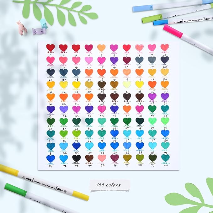 Ohuhu Markers for Adult Coloring Books No Bleeding 100 Colors Water-based Dual Tips Fineliner & Brush Coloring Markers for Kids Adults Beginners Drawing Pens for Journaling Lettering - Maui - White