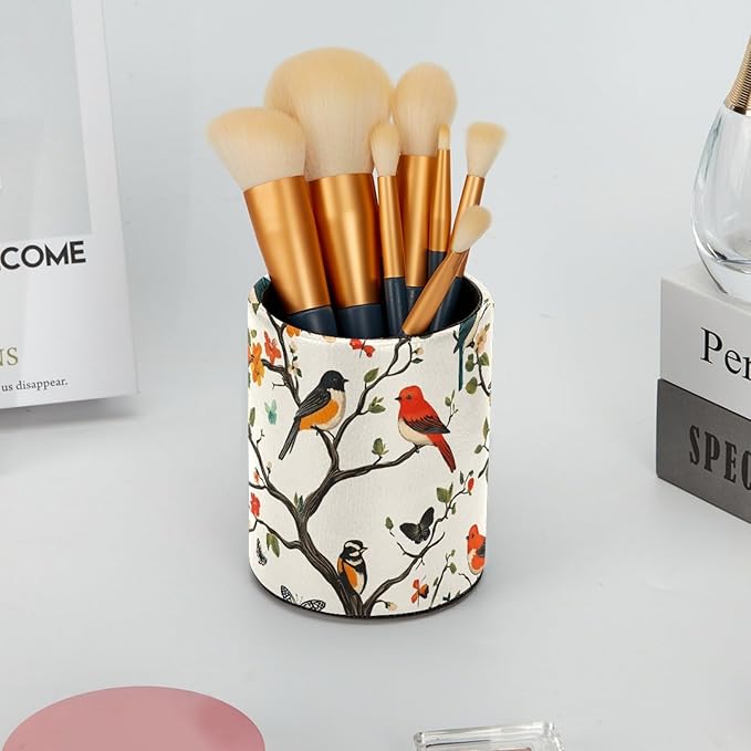 Leather Pen Holder for Desk, Colored Birds Flowers Trees Pencil Cup Desktop Organizer Makeup Brush Holders Office Supplies for Home, Kids & School