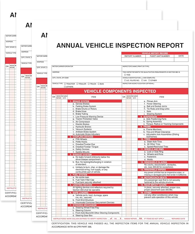 Annual Vehicle Inspection Report Form 25-pk 3-Ply Carbonless, 8.5" x 11.75" + Label Aluminum, Permanent Adhesive 6" x 3.5"