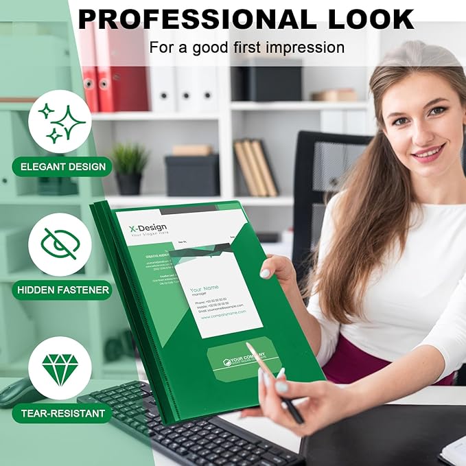 Teling 48 Pcs Clear Front Report Covers with 3 Prongs, Plastic Green Presentation Folders Bulk with 3 Pockets for A4 and Letter Size Paper, 90 Sheet Capacity, Document Covers for School Business